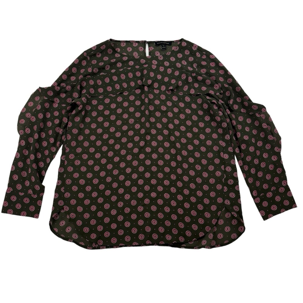 Banana Republic Green Pink Geometric Blouse Ruffles Long Sleeve Sz LP L Petite